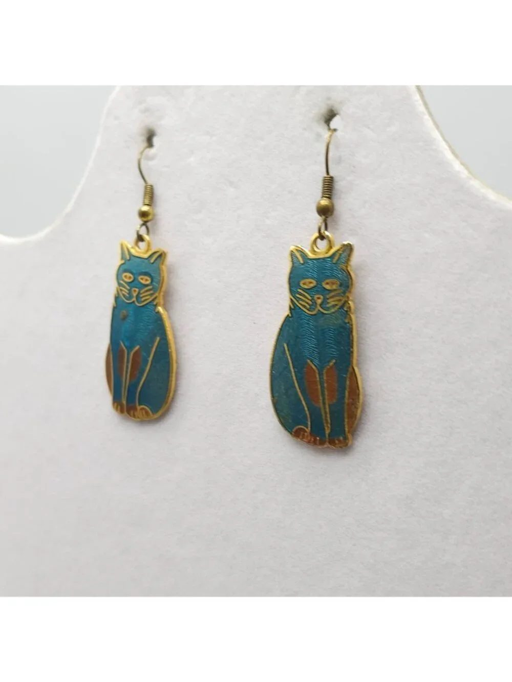 Cat Themed Vintage Blue Enamel Gold Tone Drop Earrings With Fishhook Backs